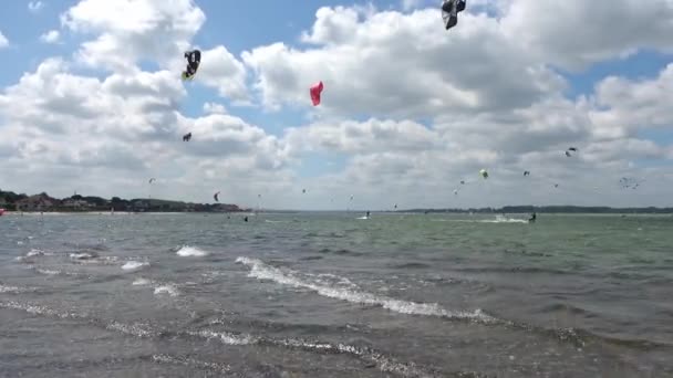 Veel Kitesurfen Het Oostzeestrand Van Laboe Duitsland Een Zonnige Dag — Stockvideo