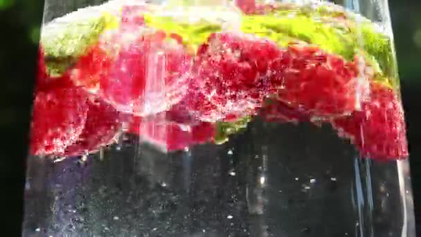 Widok Bliska Maliny Liście Mięty Soda Bąbelkami — Wideo stockowe