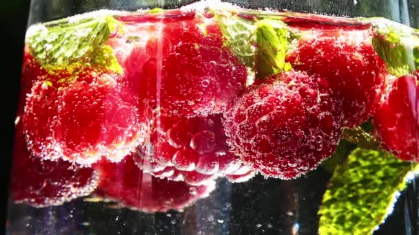 Close View Raspberries Mint Leaves Soda Bubbles — ストック動画