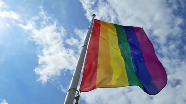 Bandera Del Orgullo Del Arco Iris Moviéndose Viento Día Soleado — Vídeos de Stock