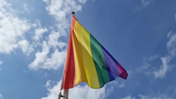 Bandera Del Orgullo Del Arco Iris Moviéndose Viento Día Soleado — Vídeos de Stock