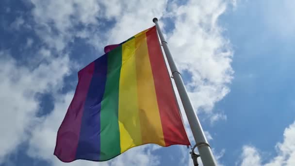 Bandera Del Orgullo Del Arco Iris Moviéndose Viento Día Soleado — Vídeos de Stock