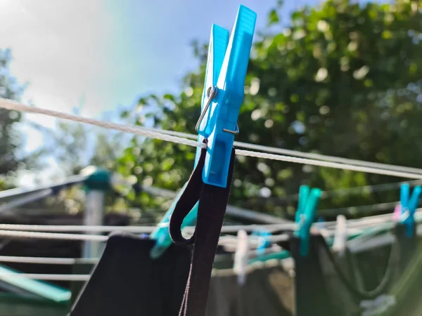 Clothes Hung Out Sunny Day Dry Washing Line Fastened Clothes — Stock Photo, Image