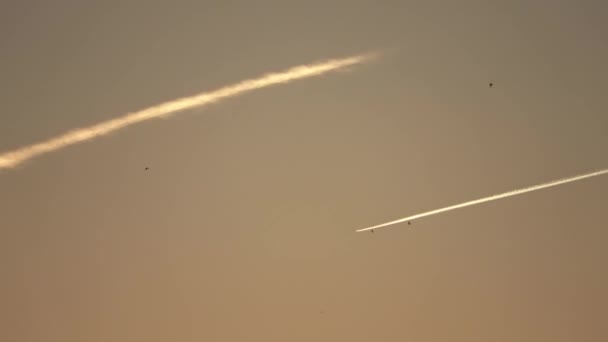 Jet Uçakları Gökyüzünde Yükseklerde Uçuyor Açık Mavi Gökyüzünde Kontrastlar Bırakıyor — Stok video