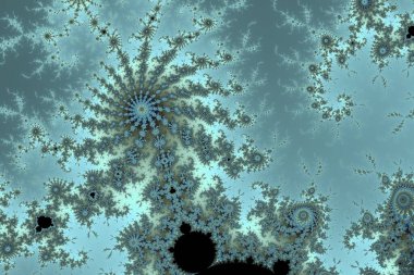 Intricate Mandelbrot fractal showing complex patterns, repeating spirals, and mathematical beauty in shades of blue and teal