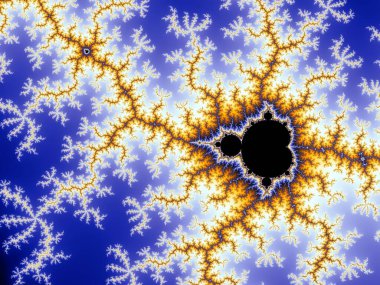 Complex mathematical fractal pattern showing intricate details and a recursive structure. Abstract geometry forming golden and blue design