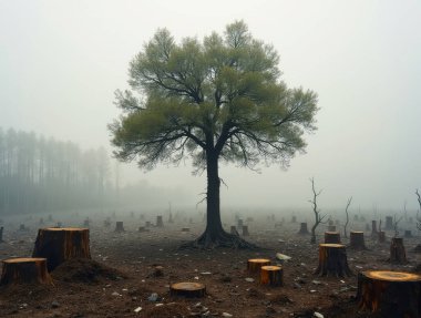 Last tree surviving in deforested area on a foggy morning, showing environmental damage