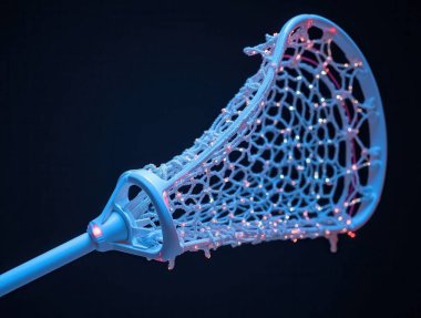 Lacrosse sopa başı ve ağ kırmızı ve mavi neon ışıklarla aydınlatılarak, gelecekteki ve dinamik spor ekipmanları konsepti oluşturulur.