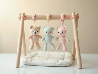 Üç yumuşak pastel pelüş oyuncak ayının yer aldığı ahşap bebek spor salonu. Bebek oyun ve gelişimi için yastıklı minderin üzerinde asılı duruyor.