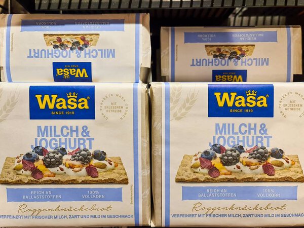 Kiel, Germany - 10. November 2025: Wasa Milch & Joghurt Roggenknckebrot crispbread packages displayed on a shelf in a German supermarket, representing healthy food shopping 