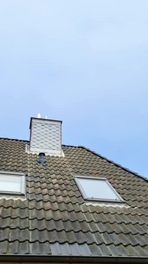 Modern fotovoltaik modüller fayanslı bir çatıya kurulmuş. Temiz mavi gökyüzüne karşı güneşten yenilenebilir, sürdürülebilir enerji üretiyor. Çevresel koruma ve yeşil enerjiyi destekliyor.