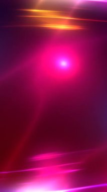 Renkli soyut arka plan, hareketli neon ışıklar, mercek parlamaları ve anamorfik çizgiler. Mor, mavi ve pembe parıldayan ışık sızıntısı efektlerinden oluşan fütüristik ve canlı bir animasyon.