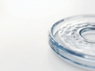 Petri kabı temiz bir sıvı tutuyor ve eş merkezli dalgalanmalar gösteriyor. Bu kurulum bilimsel araştırma ve laboratuvar deneylerini temsil ediyor.