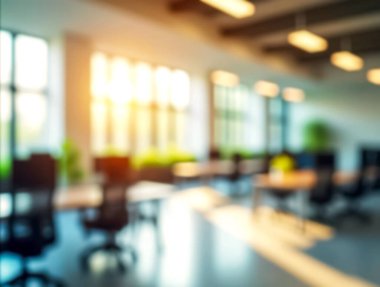 Masaları, sandalyeleri ve parlak güneş ışığıyla modern ofis içi bulanık bir arkaplan oluşturuyor.