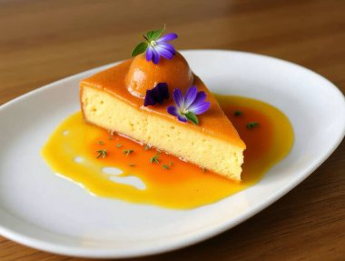 Beyaz tabakta servis edilen, tropikal meyve soslu ve yenilebilir çiçeklerle süslenmiş bir dilim tres leches keki.