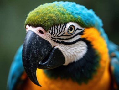 Mavi-sarı bir papağanın portresi canlı tüylerini ve güçlü gagasını gösteriyor.