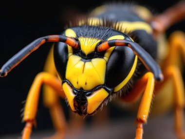 Eşek arısının kafasının yakın görüntüsü, bileşik gözlerini, antenini ve karmaşık yüz hatlarını gösteriyor.