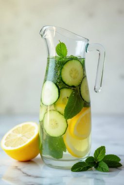 Salatalık, limon ve cam bir sürahiye doldurulmuş nane suyu mermer bir yüzeyde oturarak sağlıklı bir yaşam tarzını teşvik eder.