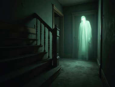 Terk edilmiş evin koridorunda yüzen hayalet hayaletler ürkütücü bir atmosfer yaratıyor.