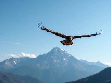 Altın kartal, açık mavi gökyüzüne karşı geniş kanatları olan bir dağ sırasının üzerinde uçuyor.