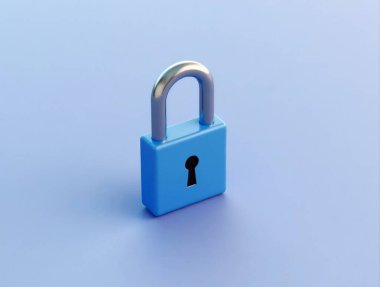 Mavi asma kilidin 3D görüntülenmesi veri koruması ve siber güvenliği temsil ediyor