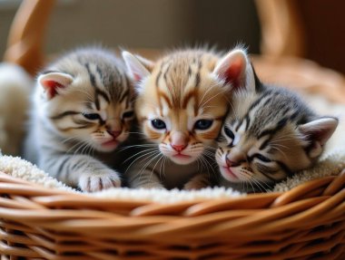 Üç küçük yavru hasır sepetin içinde sarılıyor.