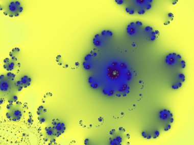 Fractal patterns showing intricate blue spirals against a gradient yellow and green background