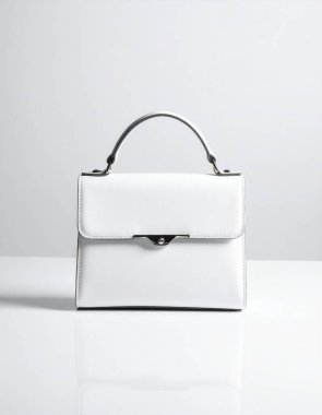Beyaz el çantası parlak bir yüzeye yansıyor, zarafeti ve modern tarzı vurguluyor. Kadınlar için küçük gereksinimler taşıyorum.