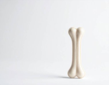 Köpek kemiği çiğneme oyuncağı, temiz beyaz arka planda ayakta duruyor ve evcil hayvan ürünleri için fotokopi alanı yaratıyor.