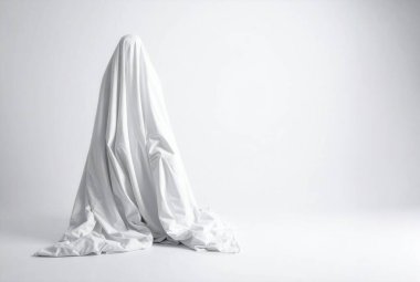 Stüdyonun arka planında duran beyaz bir çarşafla kaplanmış bir figür gizemli ve ürkütücü bir hayalet etkisi yaratıyor.