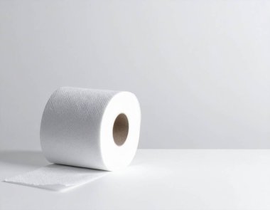 Tuvalet kağıdı kağıdı temiz beyaz bir yüzeyde duruyor. Metin için boşluk, hijyen ve günlük temel öğeler vurgulanıyor.