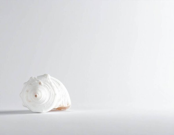 Seashell with a spiral pattern resting on a clean white background, creating a minimalist composition. Representing marine biology and simplicity