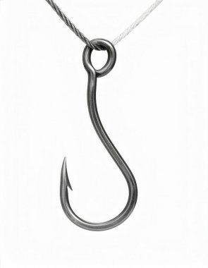 Keskin uçlu metal olta iğnesi, tuzak, risk ve bağımlılık kavramlarını sembolize eder.