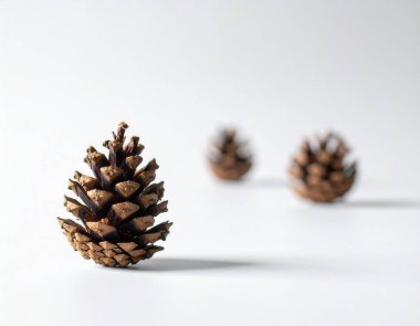 Çam kozalağı, temiz beyaz arka planda dikiliyor ve doğal zarafetle minimalist bir stüdyo kompozisyonu oluşturuyor.