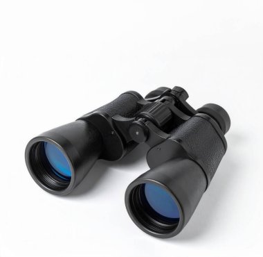 Beyaz arka planda siyah dürbünlü ekipmanlar keşfetmek, keşfetmek ve planlamak için gelişmiş görüş sunuyor.