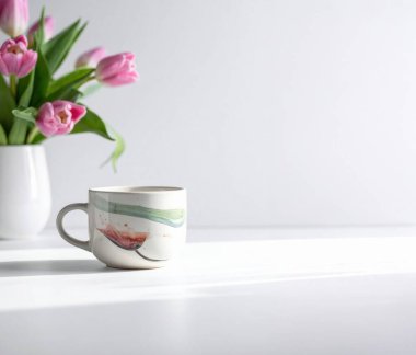 Beyaz bir vazoda pembe laleler tarafından seramik bardakta sergilenerek, yeni bir bahar havası yaratılıyor.