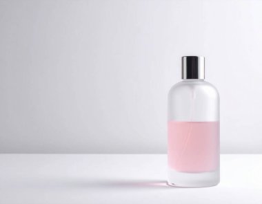 Beyaz bir yüzey üzerinde duran pembe sıvı kokulu gümüş kapaklı buzlu cam parfüm şişesi.