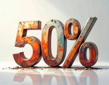 Büyük yüzde 50 'lik bir sembol sıkıntılı ve renkli grunge metal yüzeyi gösteriyor, beyaz zemine yansıyor.