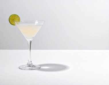 Beyaz arka planda taze limon dilimiyle süslenmiş martini bardağında kokteyl tazeliyorum.