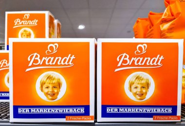Kiel, Germany - 19. February 2026: Brandt Zwieback boxes on a supermarket shelf, a popular German breakfast food