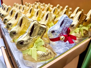 Kiel, Almanya - 19. Şubat 2026: Paskalya kutlaması için folyoya sarılı çikolatalı tavşanlar