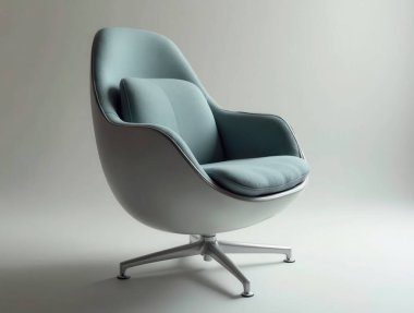 Rahat, açık mavi koltuk yuvarlak şekilli, parlak, davetkar bir ortamda konumlandırılmış rahatlama ve tarz için mükemmel