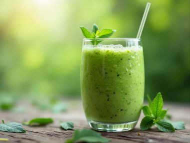 Glass of nutritious green smoothie with mint leaves, promoting a healthy lifestyle