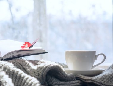 Kazağın üzerinde kelebeğin oturduğu bir günlük var. Onun yanında bir fincan kahve var. Bir bahar penceresinin arka planına karşı. Kavram kahvaltısı, iş..