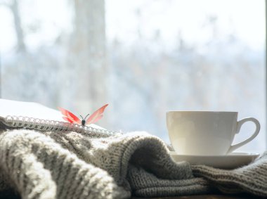 Kazağın üzerinde kelebeğin oturduğu bir günlük var. Onun yanında bir fincan kahve var. Bir bahar penceresinin arka planına karşı. Kavram kahvaltısı, iş..