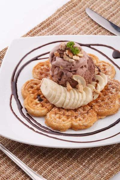 Banana waffle serve with chocolate — Stock Photo, Image