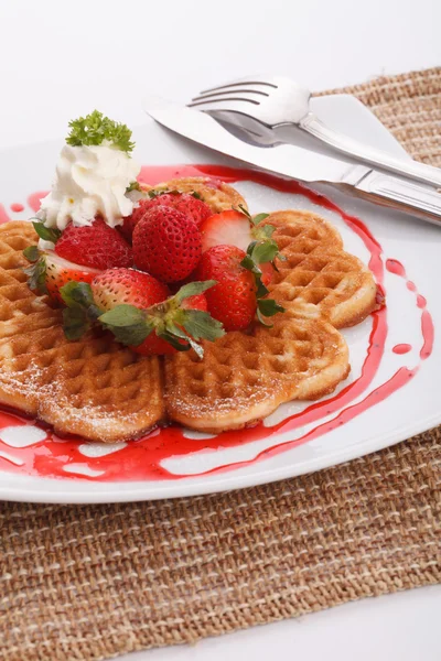 Waffle topping with strawberry and decoration — Stock Photo, Image