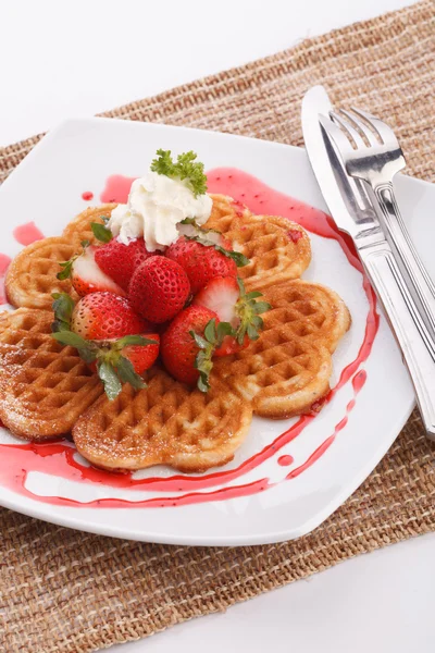 Waffle topping with strawberry and decoration — Stock Photo, Image