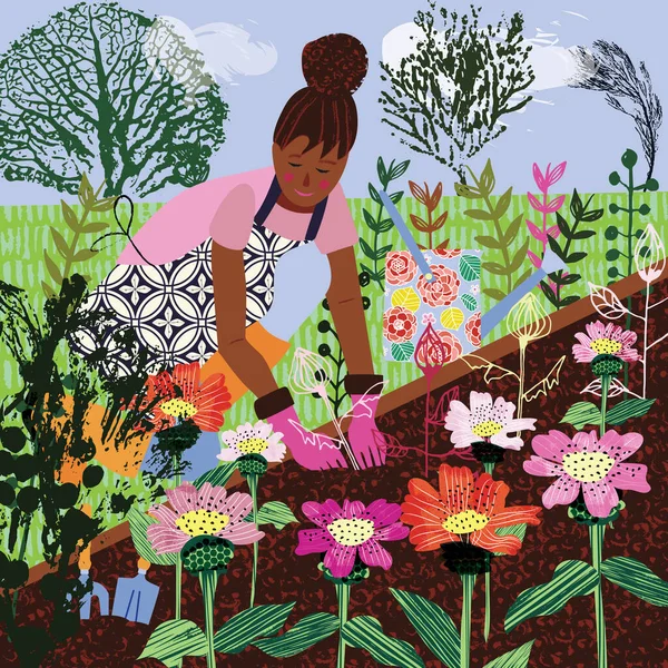 Jardinería Vector Ilegalidad Mujer Plantando Flores Jardín Diseño Texturizado Colorido — Archivo Imágenes Vectoriales