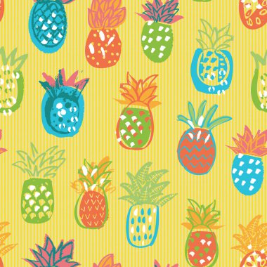 El çizimi ananas renginde, yaz arkaplanı pürüzsüz vektör deseni. Modern soyut tropikal kabile tasarımı. Vektör